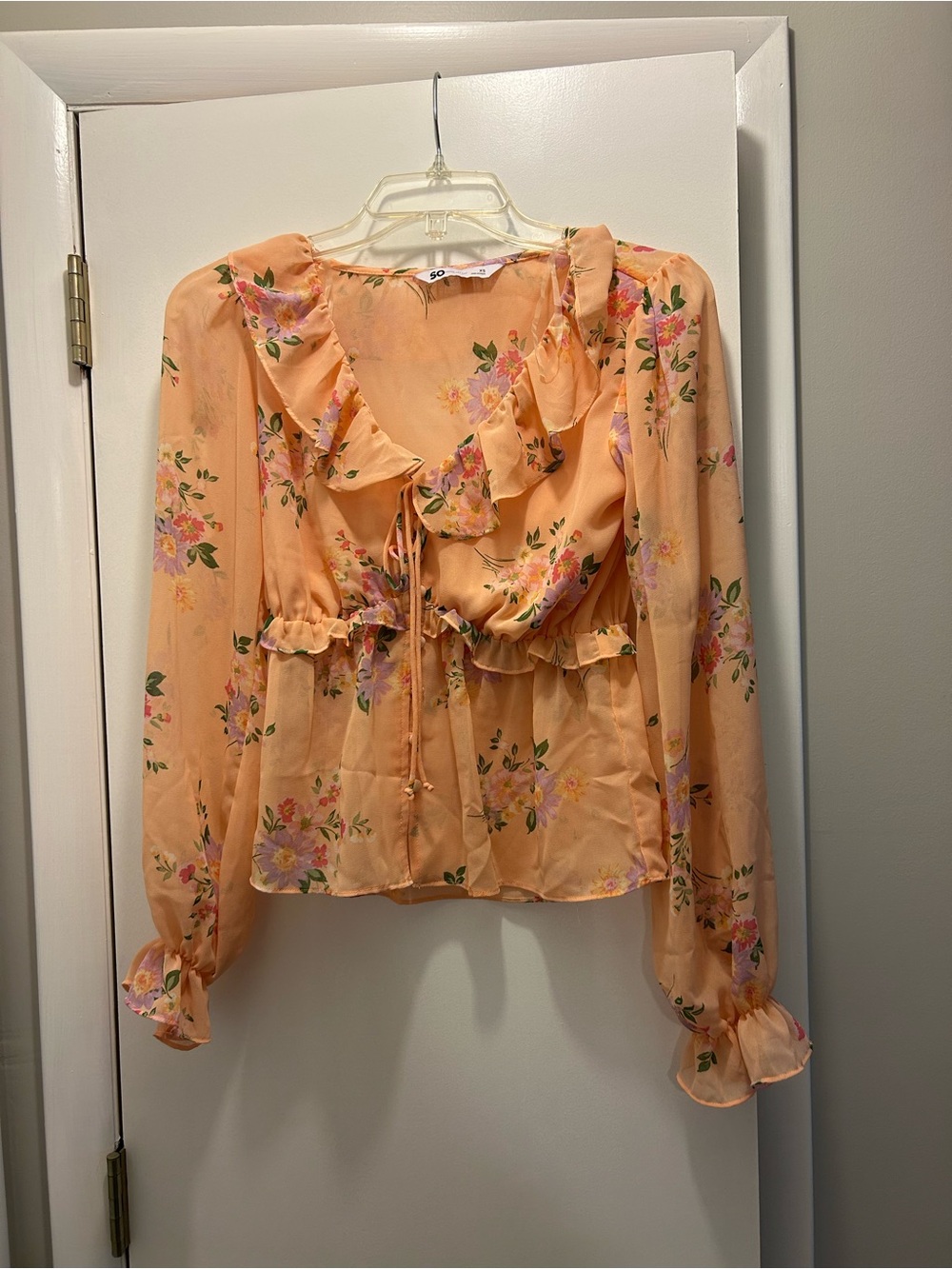 Peach Floral Ruffle Tie-Front Women's Blouse